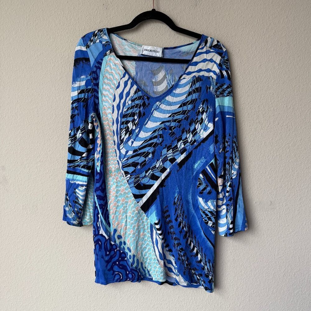 Emilio Pucci Vintage Blue Abstract Print Blouse Size 8
